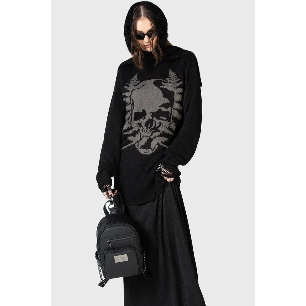 Killstar Cause Fear Knit Sweater Black Grey Skull Distressed Oversized XL